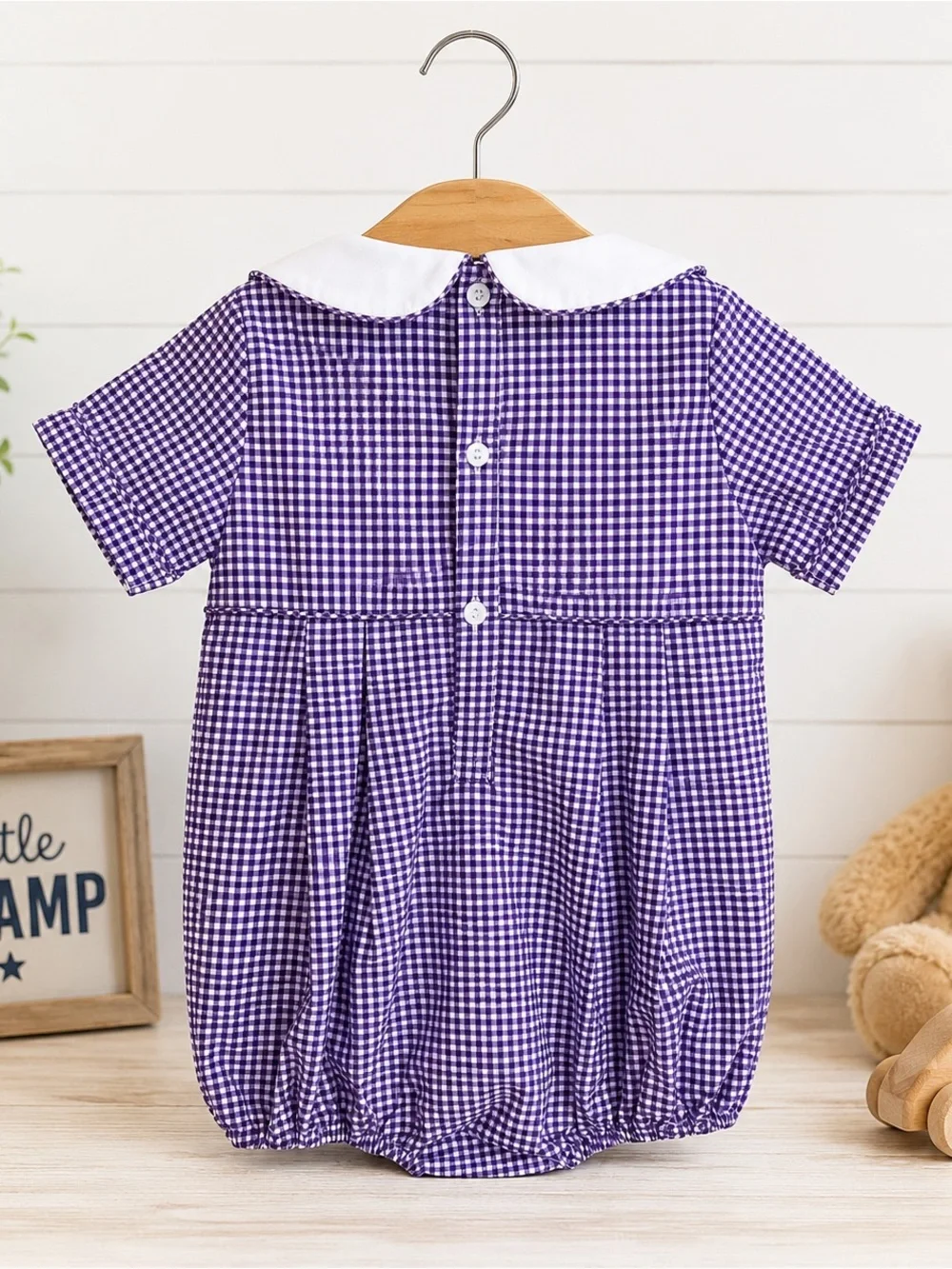 NWT Shop Teeta Purple Gingham Football Noah Bubble Smocked Romper 24M Lined